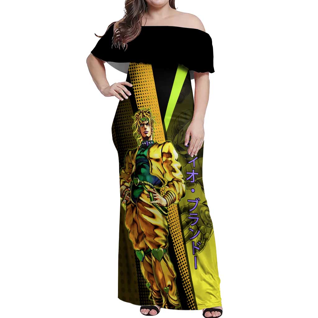 Dio Brando JoJo’s Bizarre Adventure Off Shoulder Maxi Dress with The World Stand and Comic Graphic - The Mazicc