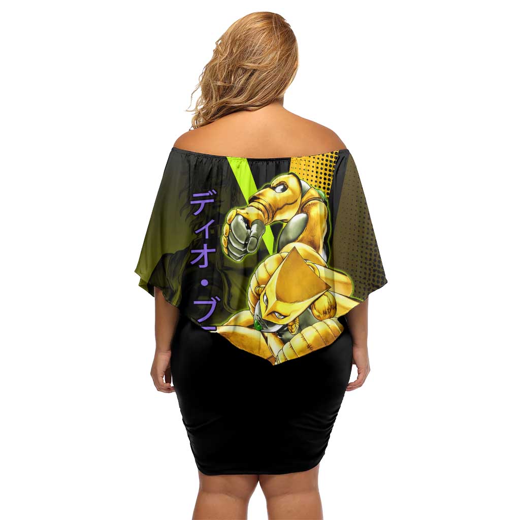 Dio Brando JoJo’s Bizarre Adventure Off Shoulder Short Dress with The World Stand and Comic Graphic - The Mazicc