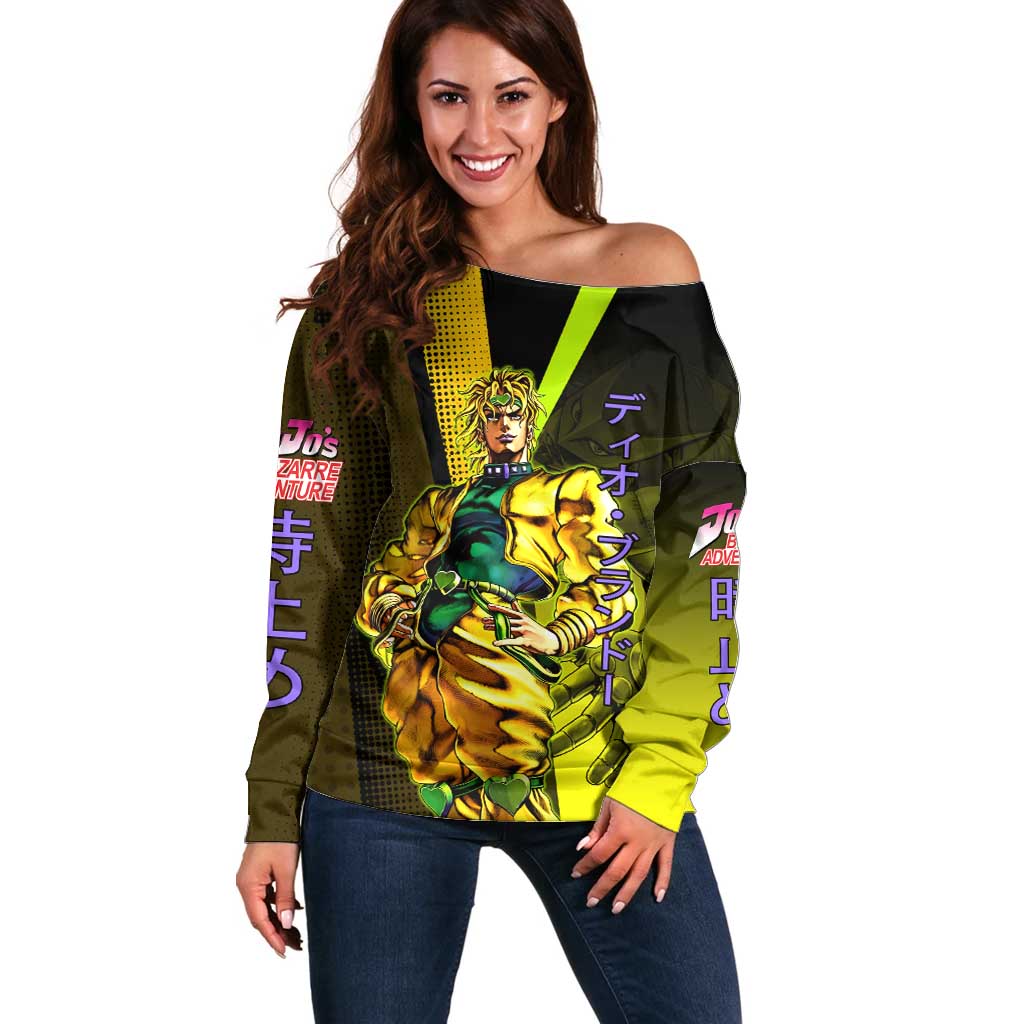 Dio Brando JoJo’s Bizarre Adventure Off Shoulder Sweater with The World Stand and Comic Graphic - The Mazicc