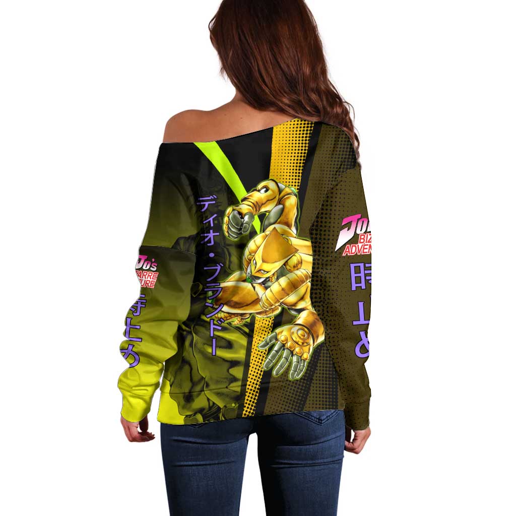 Dio Brando JoJo’s Bizarre Adventure Off Shoulder Sweater with The World Stand and Comic Graphic - The Mazicc
