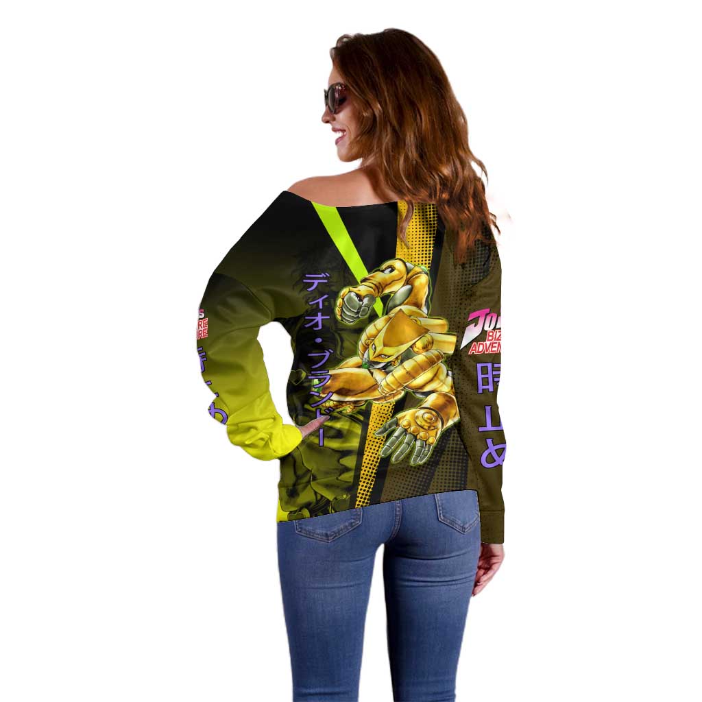 Dio Brando JoJo’s Bizarre Adventure Off Shoulder Sweater with The World Stand and Comic Graphic - The Mazicc