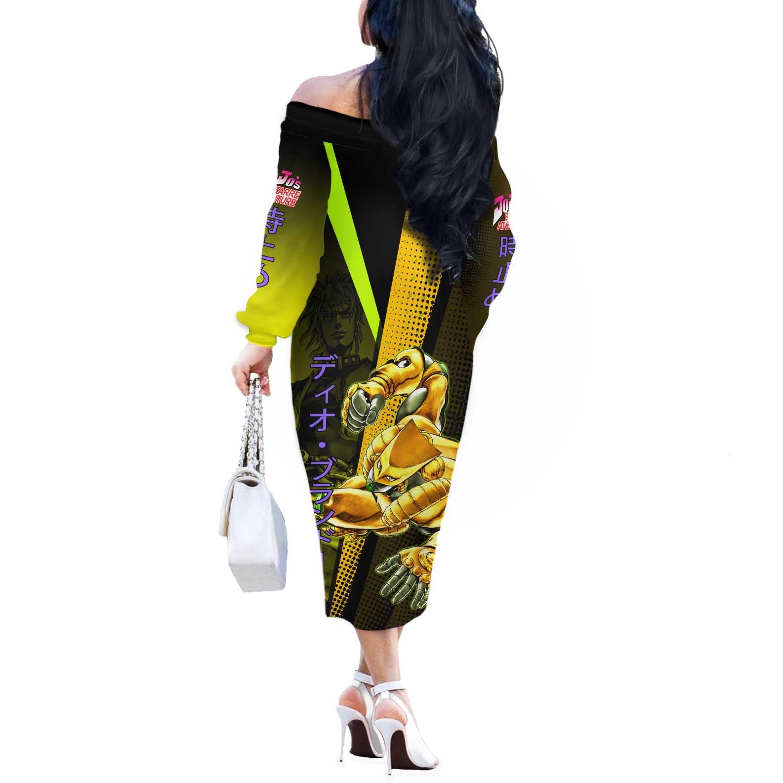 Dio Brando JoJo’s Bizarre Adventure Off The Shoulder Long Sleeve Dress with The World Stand and Comic Graphic - The Mazicc