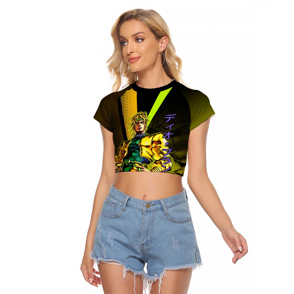 Dio Brando JoJo’s Bizarre Adventure Raglan Cropped T Shirt with The World Stand and Comic Graphic - The Mazicc