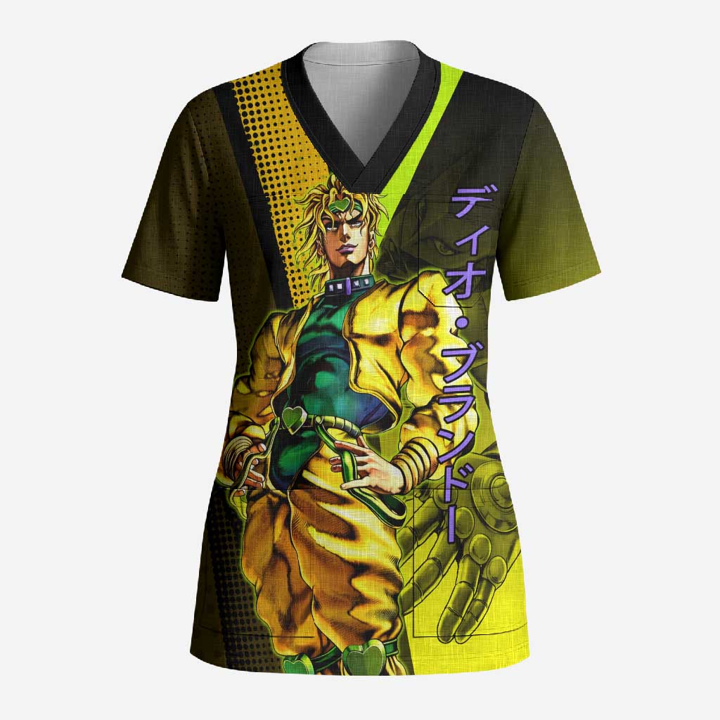 Dio Brando JoJo’s Bizarre Adventure Scrub Top with The World Stand and Comic Graphic - The Mazicc
