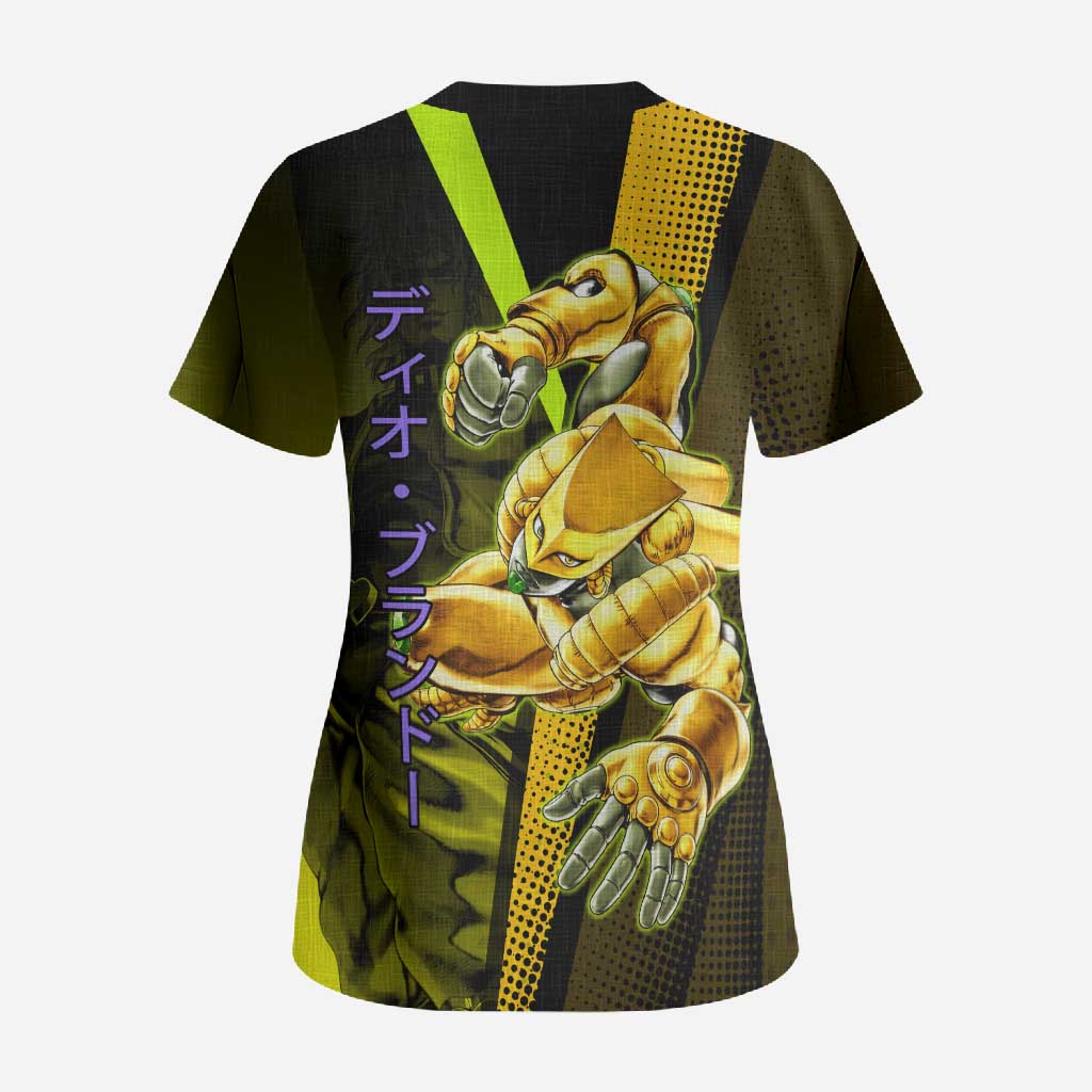 Dio Brando JoJo’s Bizarre Adventure Scrub Top with The World Stand and Comic Graphic - The Mazicc
