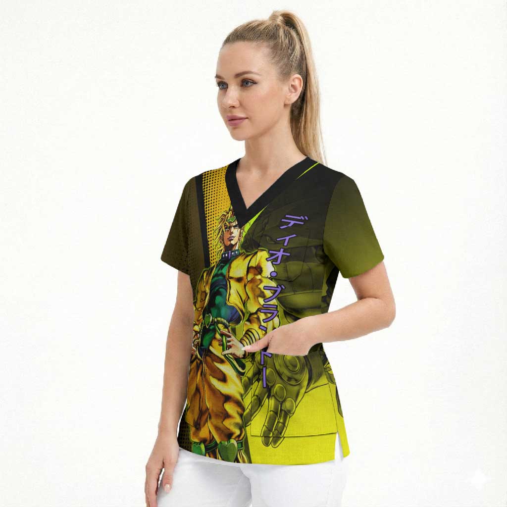 Dio Brando JoJo’s Bizarre Adventure Scrub Top with The World Stand and Comic Graphic - The Mazicc