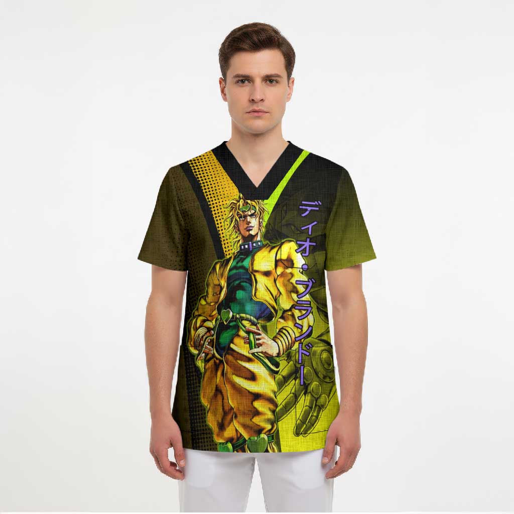 Dio Brando JoJo’s Bizarre Adventure Scrub Top with The World Stand and Comic Graphic - The Mazicc