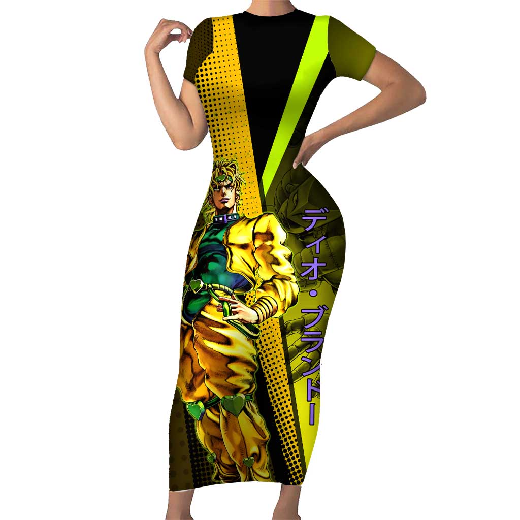 Dio Brando JoJo’s Bizarre Adventure Short Sleeve Bodycon Dress with The World Stand and Comic Graphic - The Mazicc