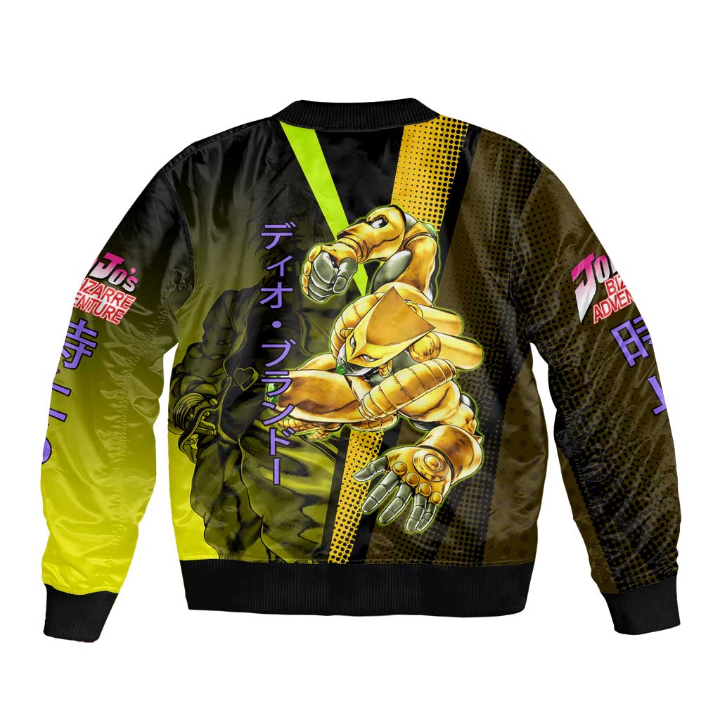 Dio Brando JoJo’s Bizarre Adventure Sleeve Zip Bomber Jacket with The World Stand and Comic Graphic - The Mazicc
