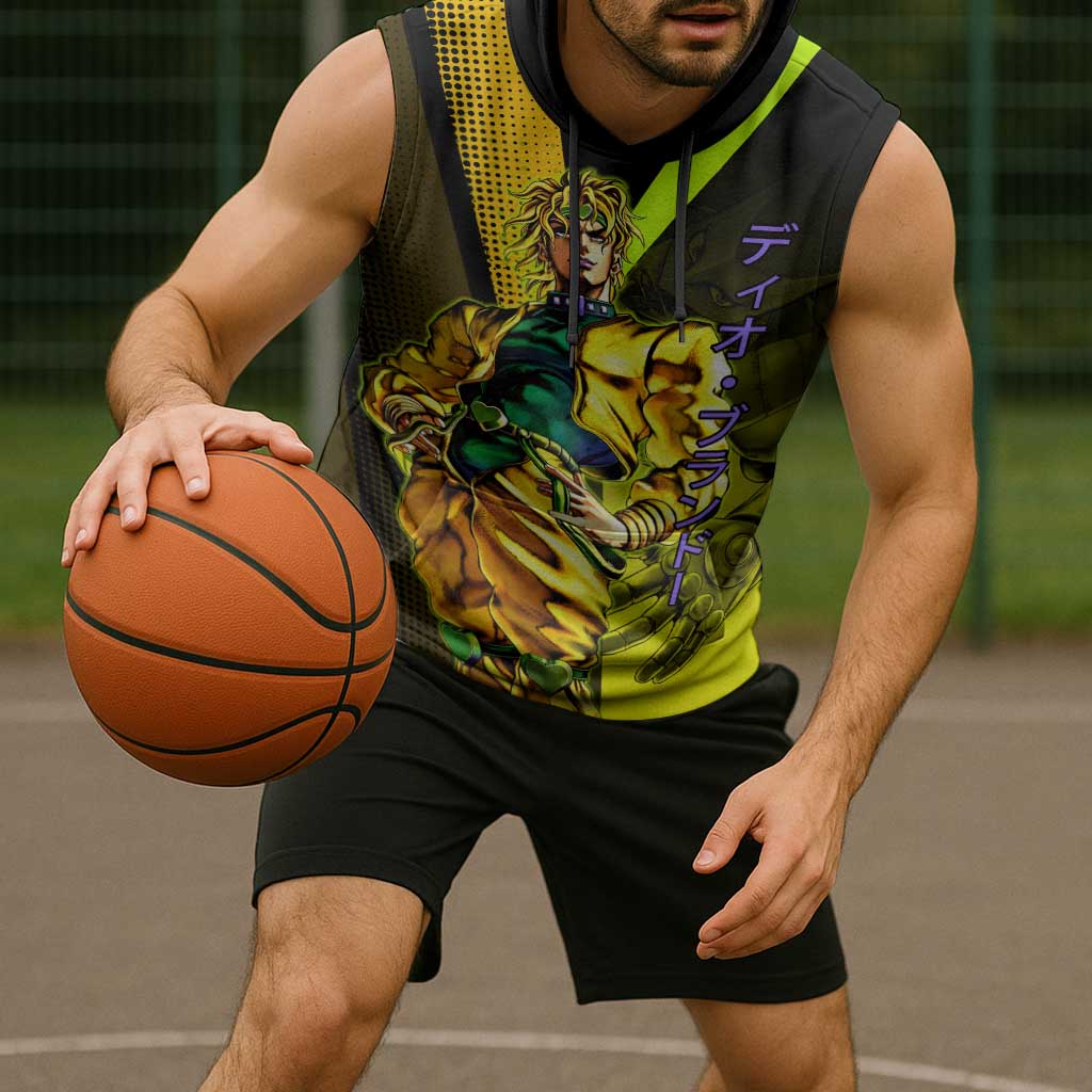 Dio Brando JoJo’s Bizarre Adventure Sleeveless Hoodie with The World Stand and Comic Graphic - The Mazicc