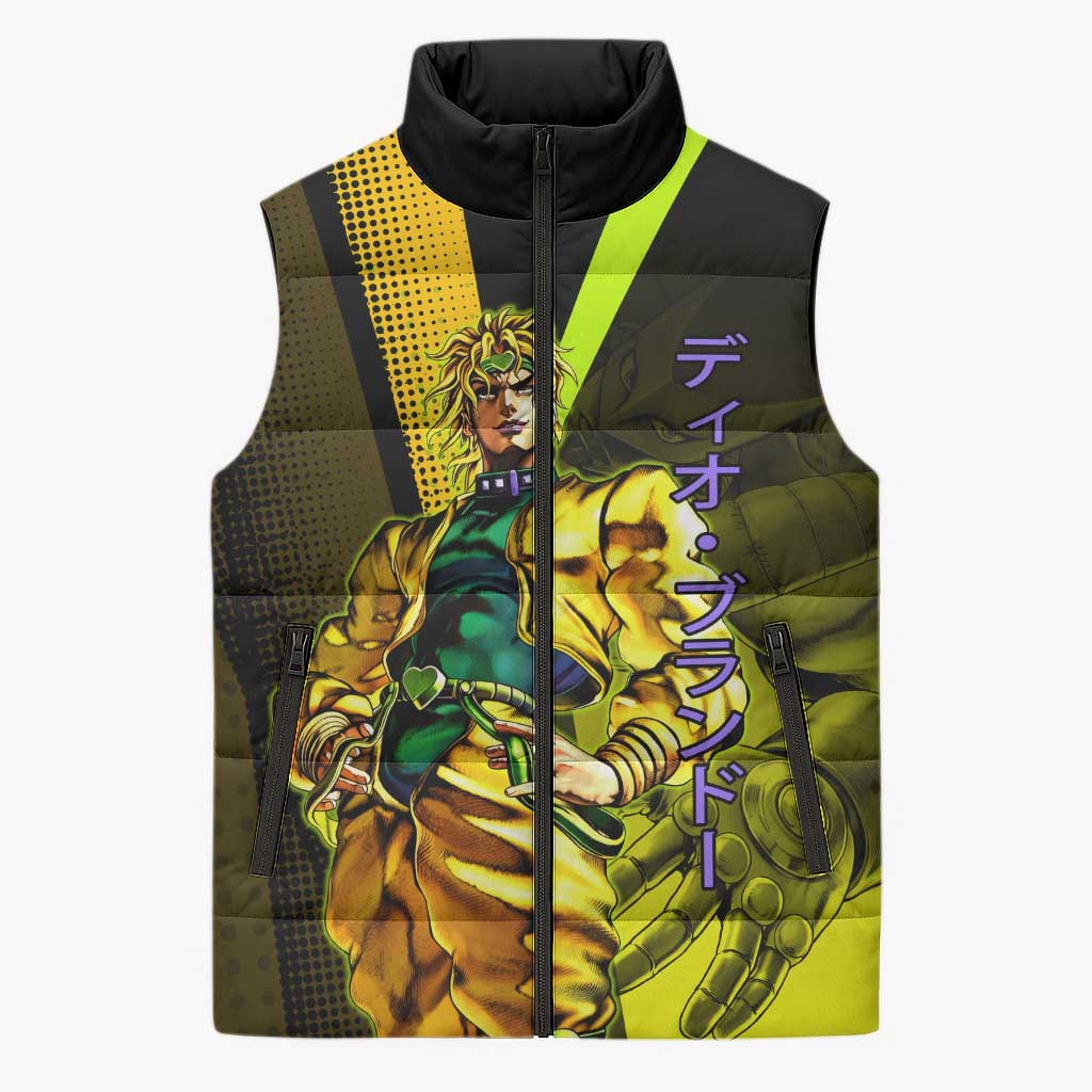 Dio Brando JoJo’s Bizarre Adventure Sleeveless Puffer Jacket with The World Stand and Comic Graphic - The Mazicc