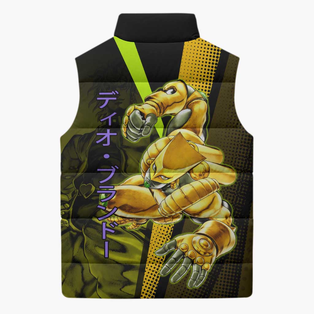 Dio Brando JoJo’s Bizarre Adventure Sleeveless Puffer Jacket with The World Stand and Comic Graphic - The Mazicc