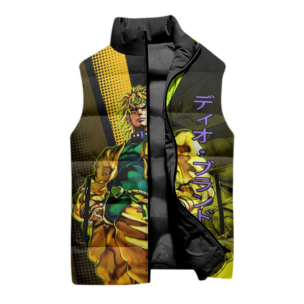 Dio Brando JoJo’s Bizarre Adventure Sleeveless Puffer Jacket with The World Stand and Comic Graphic - The Mazicc