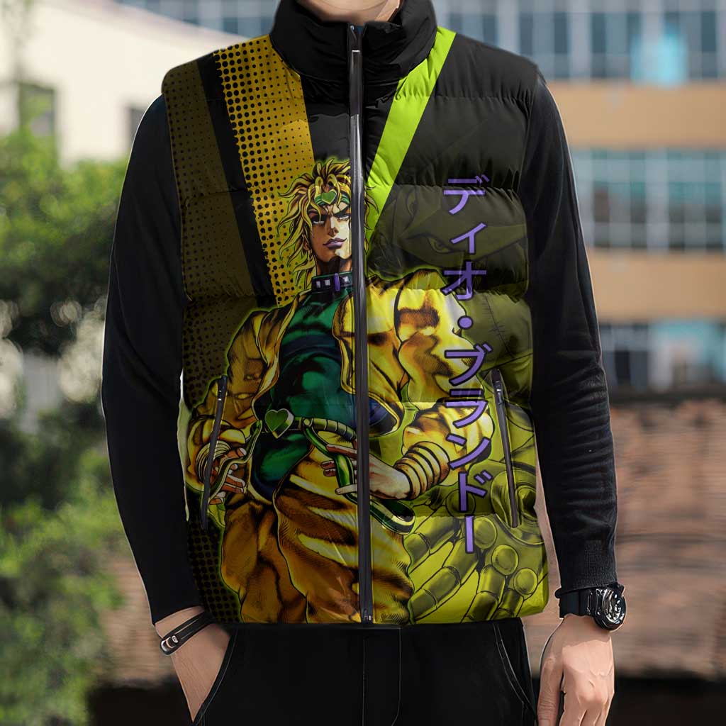 Dio Brando JoJo’s Bizarre Adventure Sleeveless Puffer Jacket with The World Stand and Comic Graphic - The Mazicc