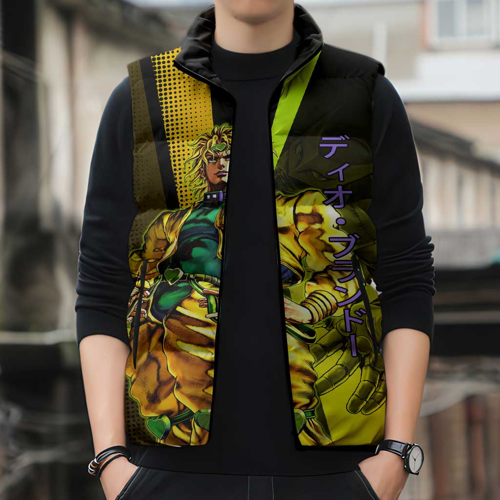 Dio Brando JoJo’s Bizarre Adventure Sleeveless Puffer Jacket with The World Stand and Comic Graphic - The Mazicc