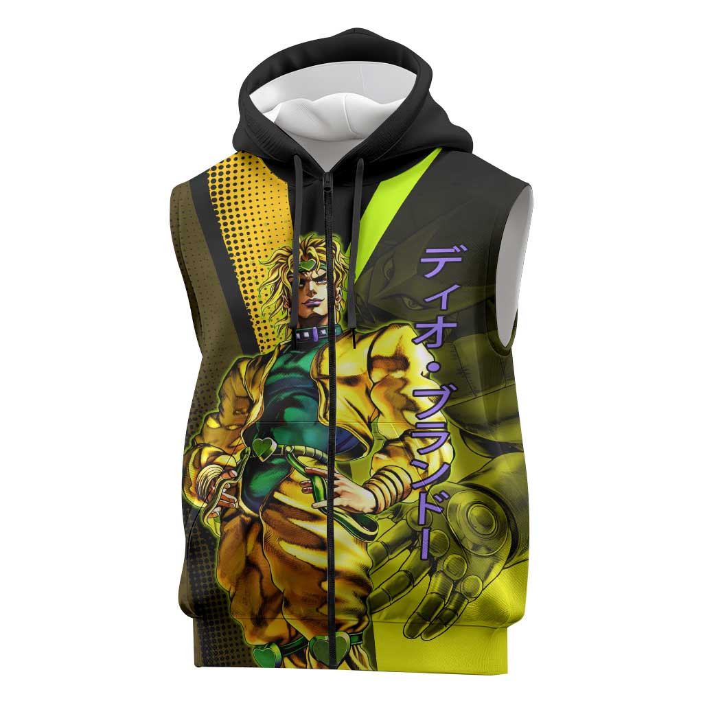 Dio Brando JoJo’s Bizarre Adventure Sleeveless Zip Hoodie with The World Stand and Comic Graphic - The Mazicc