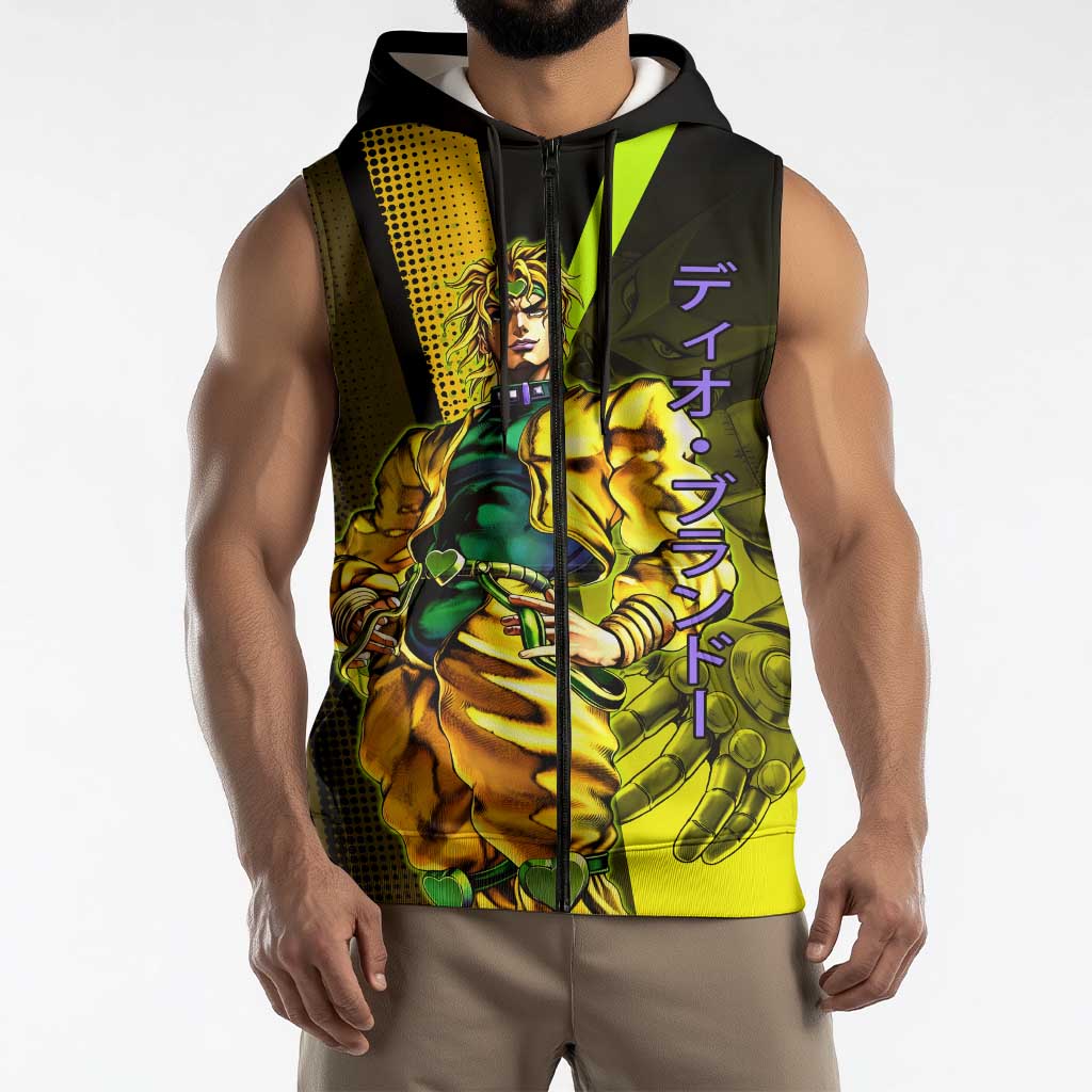 Dio Brando JoJo’s Bizarre Adventure Sleeveless Zip Hoodie with The World Stand and Comic Graphic - The Mazicc