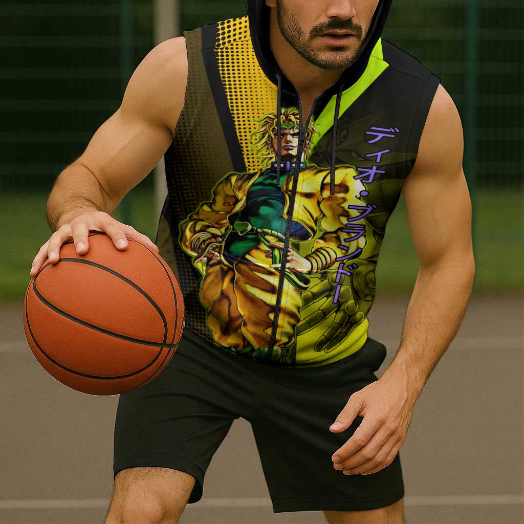 Dio Brando JoJo’s Bizarre Adventure Sleeveless Zip Hoodie with The World Stand and Comic Graphic - The Mazicc