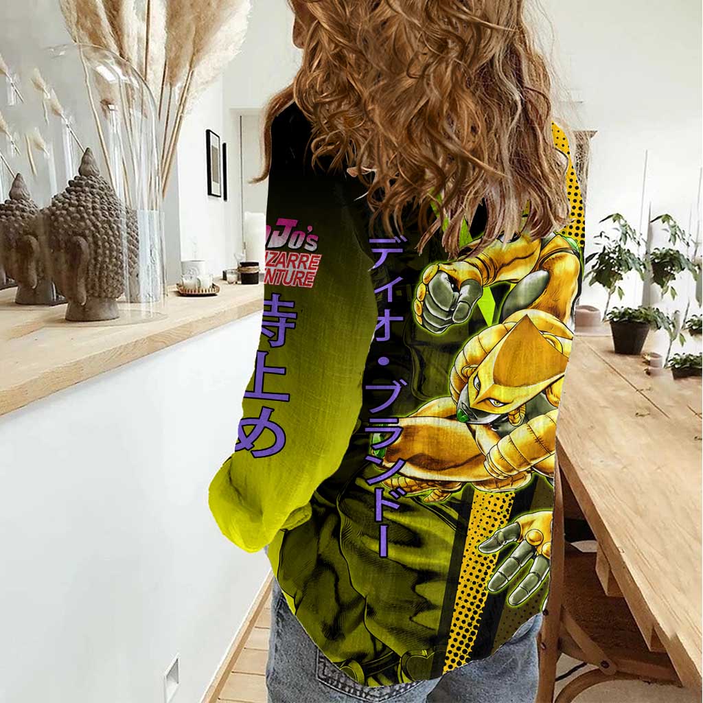 Dio Brando JoJo’s Bizarre Adventure Women Casual Shirt with The World Stand and Comic Graphic - The Mazicc