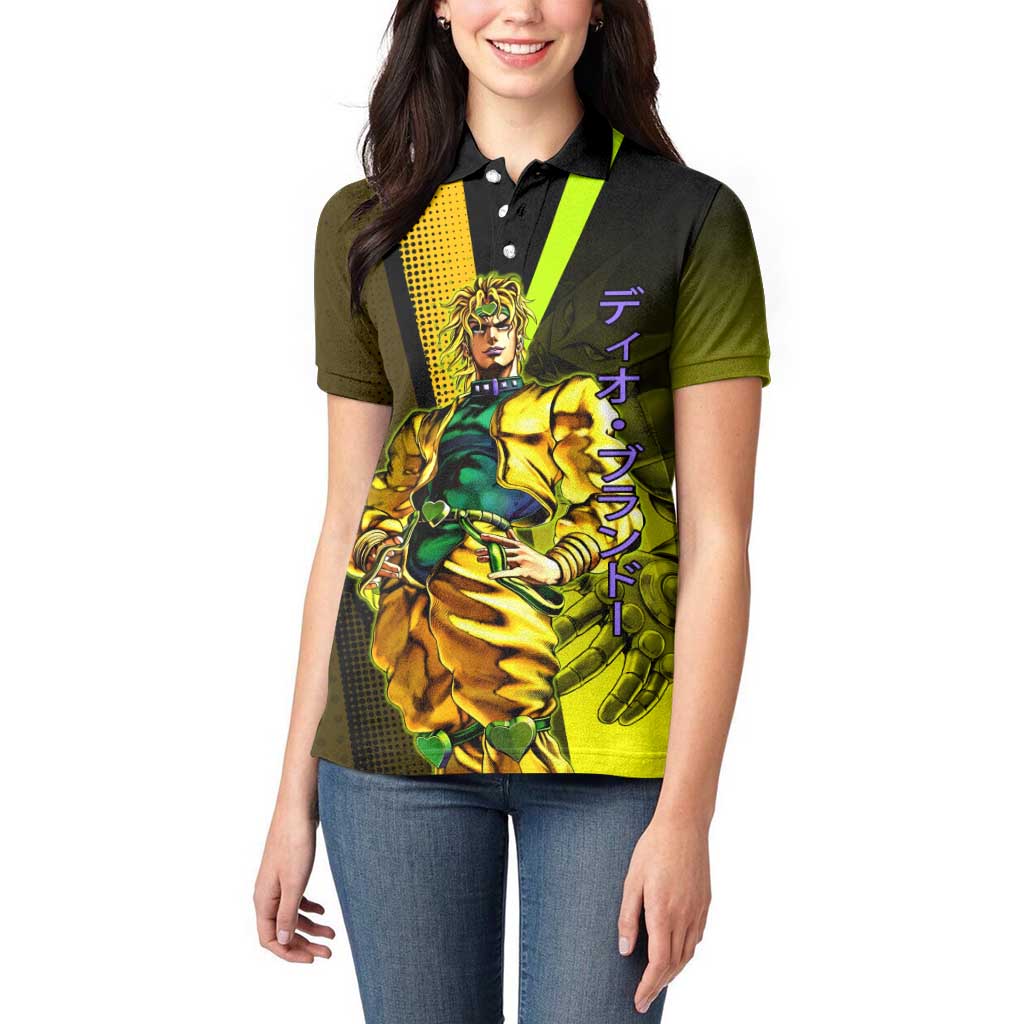 Dio Brando JoJo’s Bizarre Adventure Women Polo Shirt with The World Stand and Comic Graphic - The Mazicc