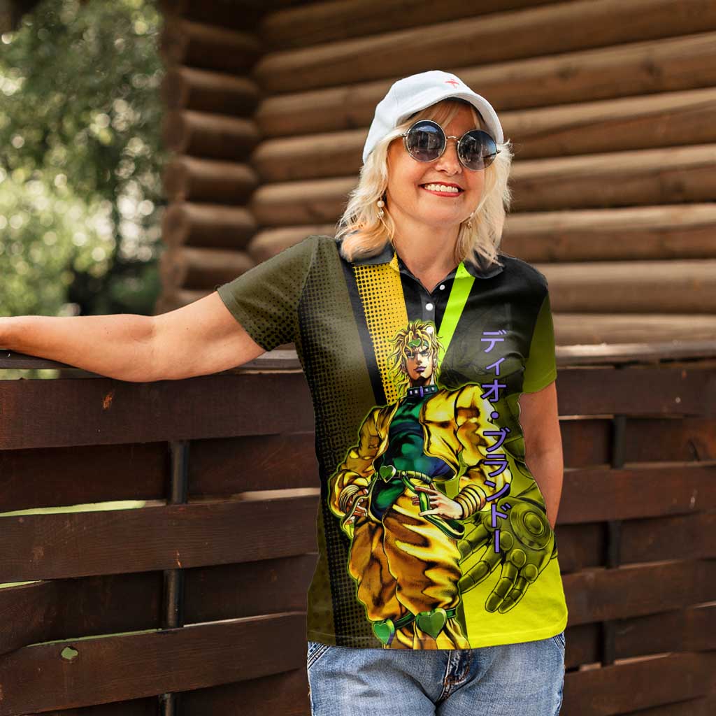 Dio Brando JoJo’s Bizarre Adventure Women Polo Shirt with The World Stand and Comic Graphic - The Mazicc
