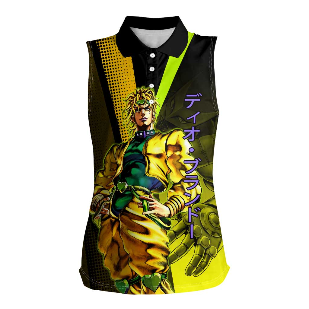 Dio Brando JoJo’s Bizarre Adventure Women Sleeveless Polo Shirt with The World Stand and Comic Graphic - The Mazicc