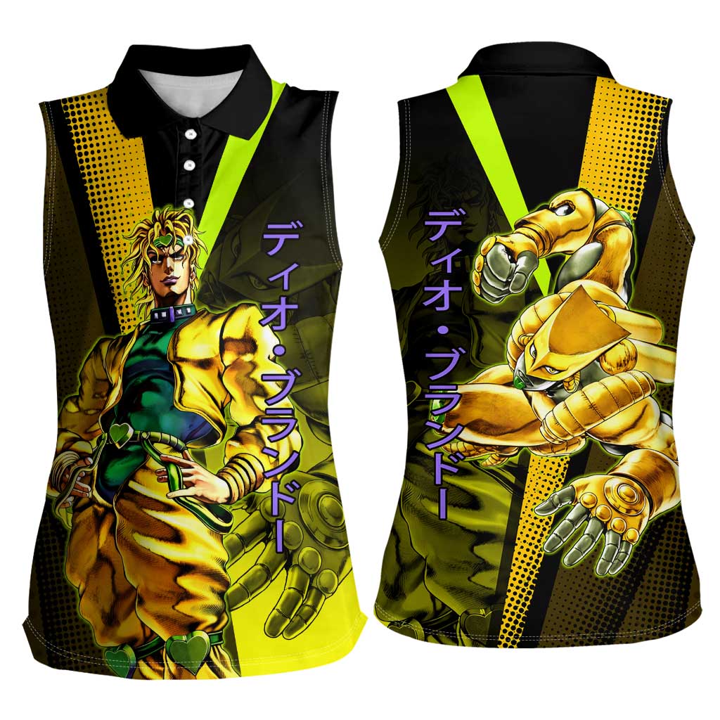 Dio Brando JoJo’s Bizarre Adventure Women Sleeveless Polo Shirt with The World Stand and Comic Graphic - The Mazicc