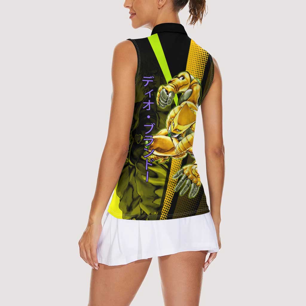 Dio Brando JoJo’s Bizarre Adventure Women Sleeveless Polo Shirt with The World Stand and Comic Graphic - The Mazicc