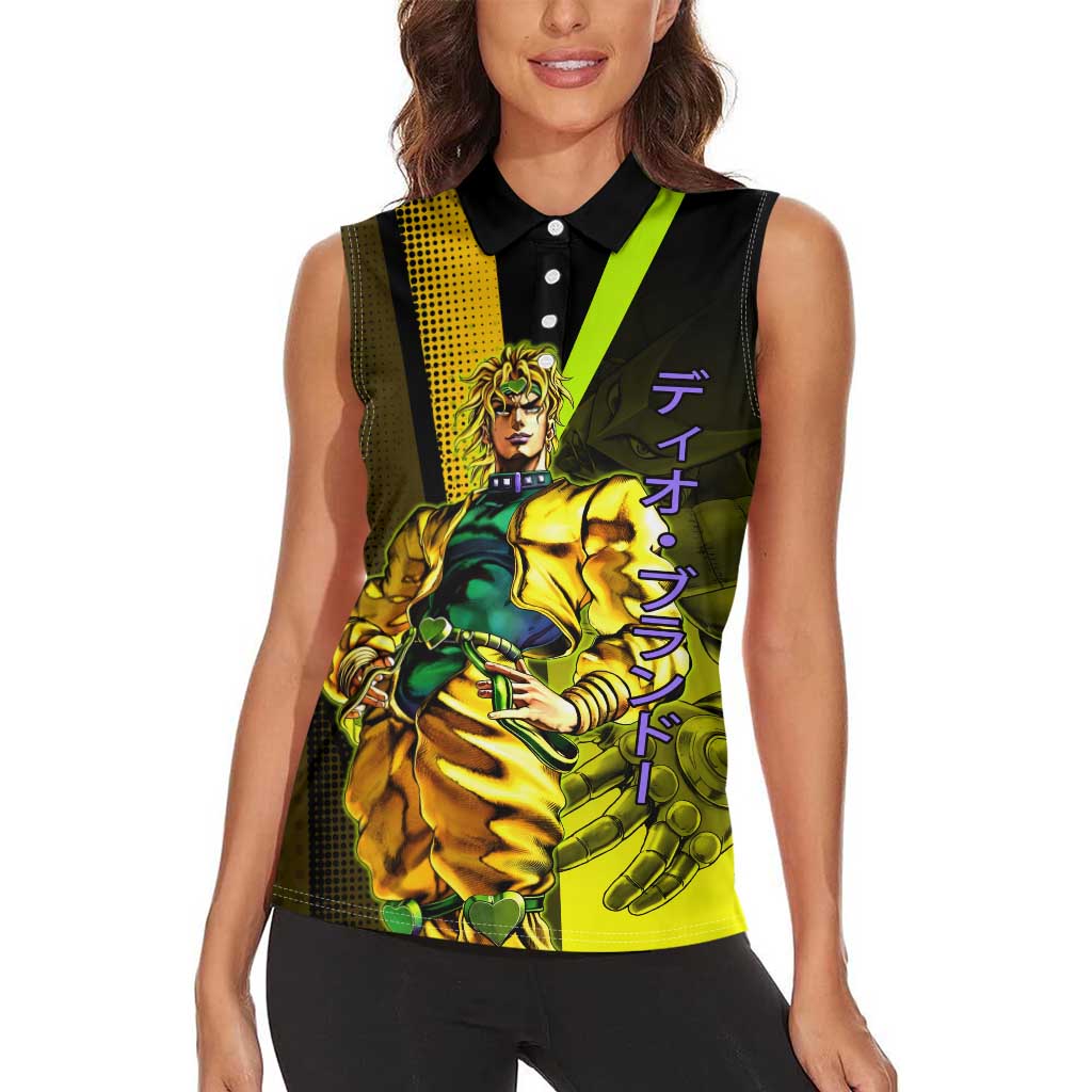 Dio Brando JoJo’s Bizarre Adventure Women Sleeveless Polo Shirt with The World Stand and Comic Graphic - The Mazicc