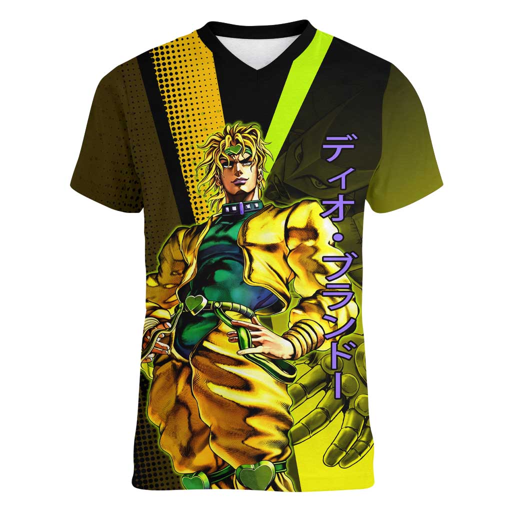 Dio Brando JoJo’s Bizarre Adventure Women V-Neck T-Shirt with The World Stand and Comic Graphic - The Mazicc