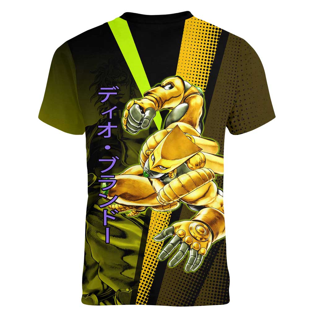Dio Brando JoJo’s Bizarre Adventure Women V-Neck T-Shirt with The World Stand and Comic Graphic - The Mazicc