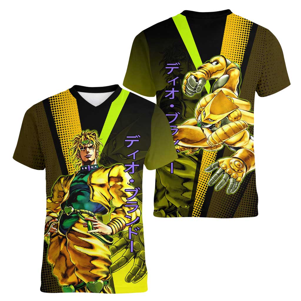 Dio Brando JoJo’s Bizarre Adventure Women V-Neck T-Shirt with The World Stand and Comic Graphic - The Mazicc