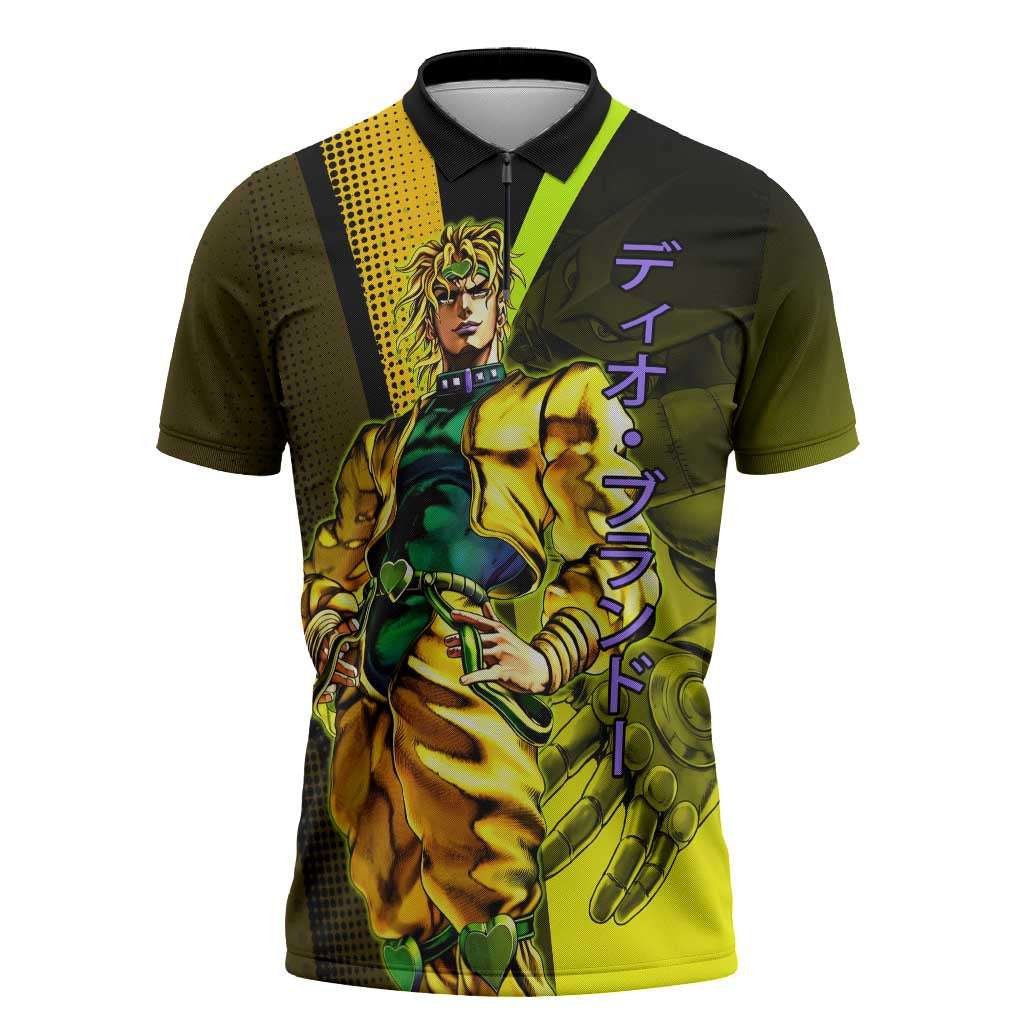 Dio Brando JoJo’s Bizarre Adventure Zipper Polo Shirt with The World Stand and Comic Graphic - The Mazicc