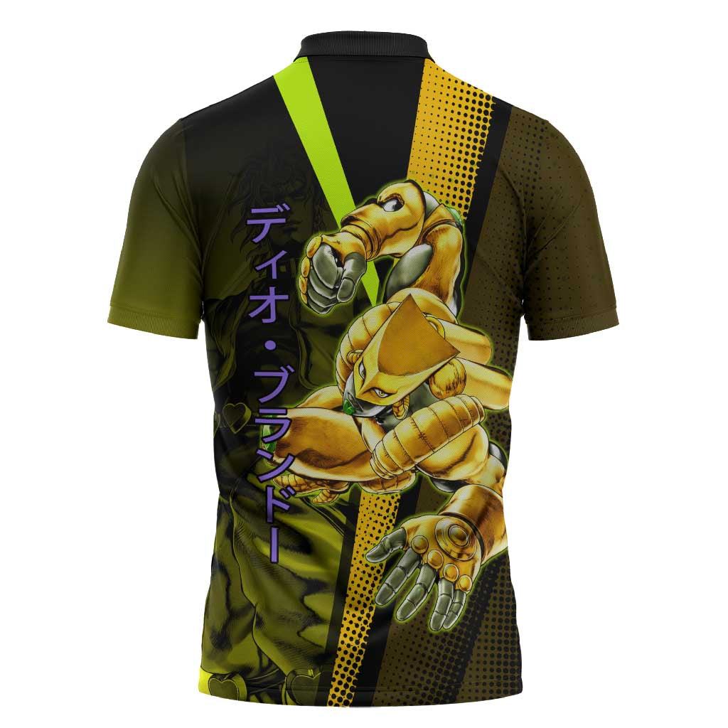 Dio Brando JoJo’s Bizarre Adventure Zipper Polo Shirt with The World Stand and Comic Graphic - The Mazicc