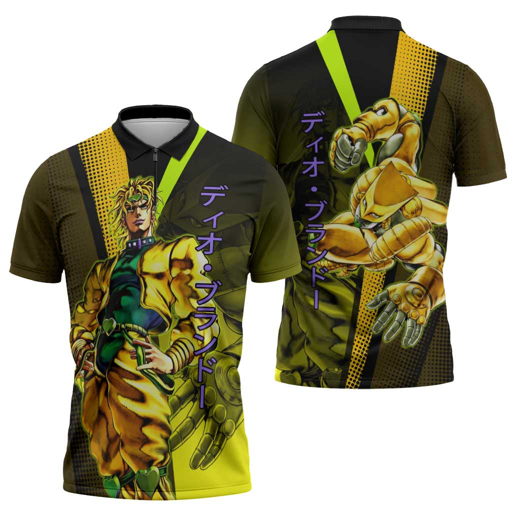 Dio Brando JoJo’s Bizarre Adventure Zipper Polo Shirt with The World Stand and Comic Graphic - The Mazicc