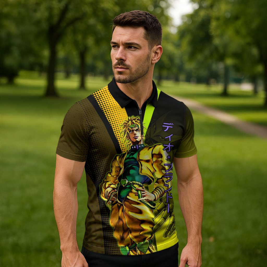 Dio Brando JoJo’s Bizarre Adventure Zipper Polo Shirt with The World Stand and Comic Graphic - The Mazicc