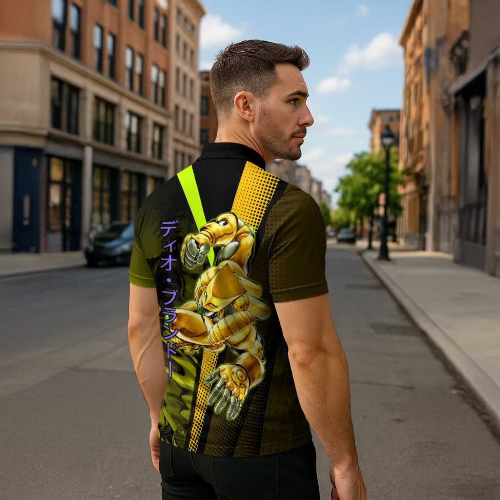 Dio Brando JoJo’s Bizarre Adventure Zipper Polo Shirt with The World Stand and Comic Graphic - The Mazicc