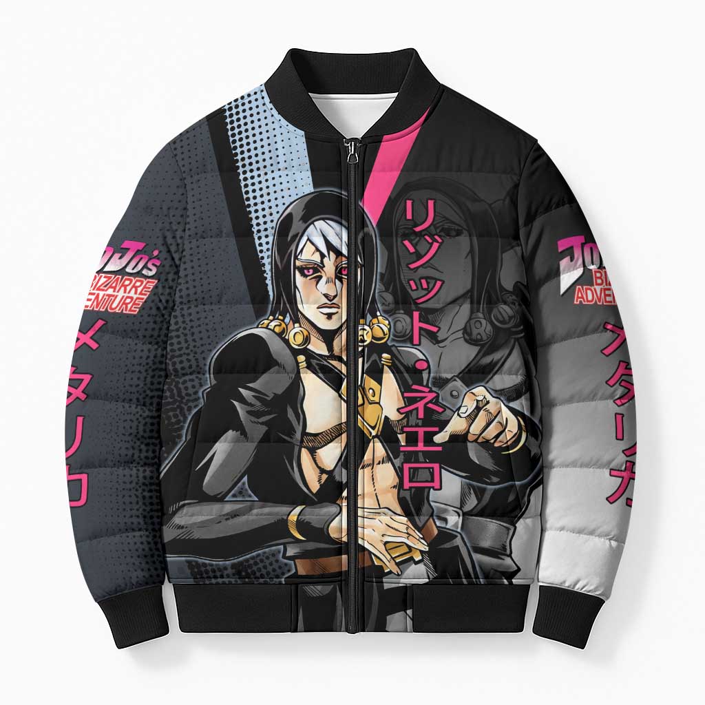 Risotto Nero JoJo’s Bizarre Adventure Bomber Puffer Jacket with Dark Manga Style Graphic - The Mazicc