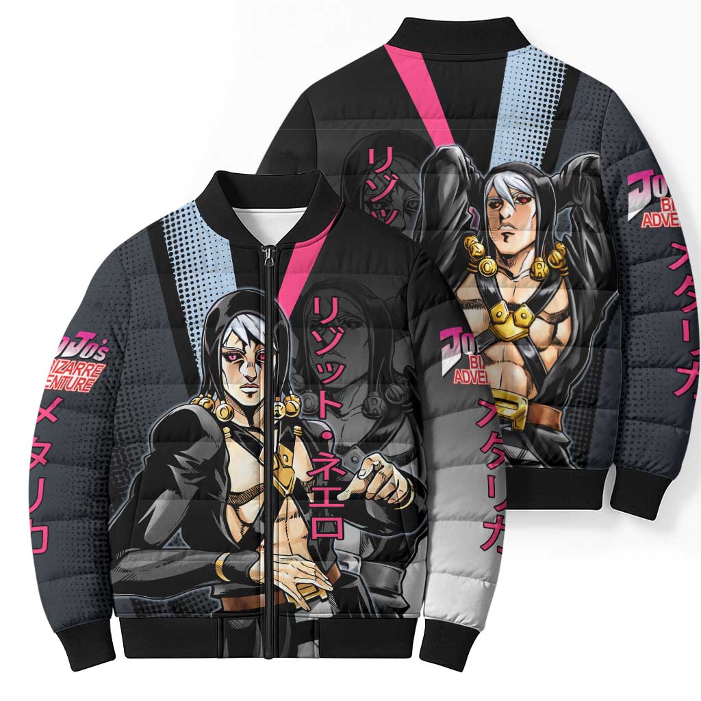 Risotto Nero JoJo’s Bizarre Adventure Bomber Puffer Jacket with Dark Manga Style Graphic - The Mazicc