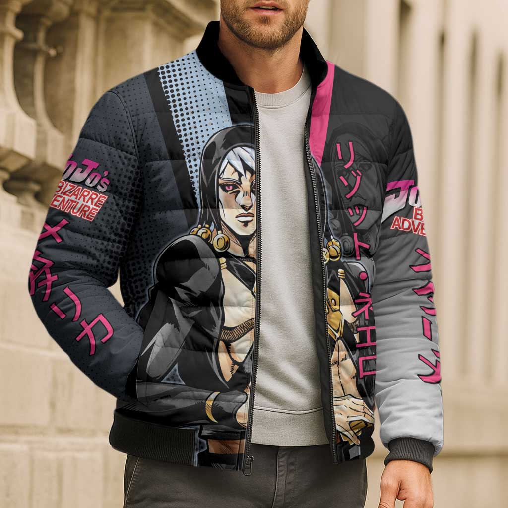 Risotto Nero JoJo’s Bizarre Adventure Bomber Puffer Jacket with Dark Manga Style Graphic - The Mazicc