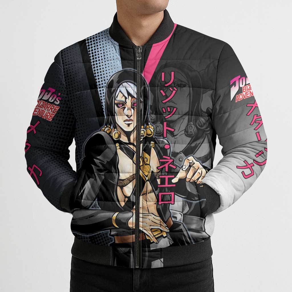Risotto Nero JoJo’s Bizarre Adventure Bomber Puffer Jacket with Dark Manga Style Graphic - The Mazicc