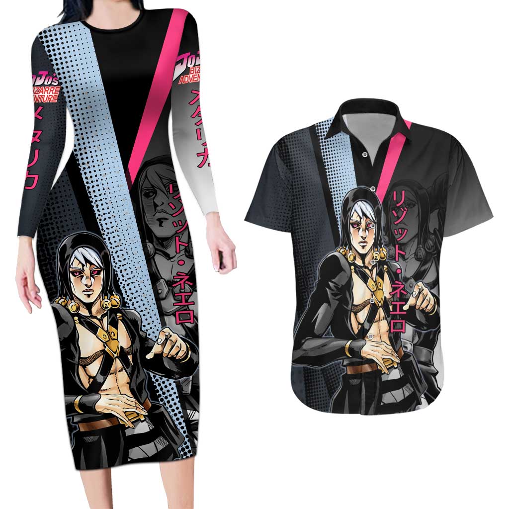 Risotto Nero JoJo’s Bizarre Adventure Couples Matching Long Sleeve Bodycon Dress and Hawaiian Shirt with Dark Manga Style Graphic - The Mazicc