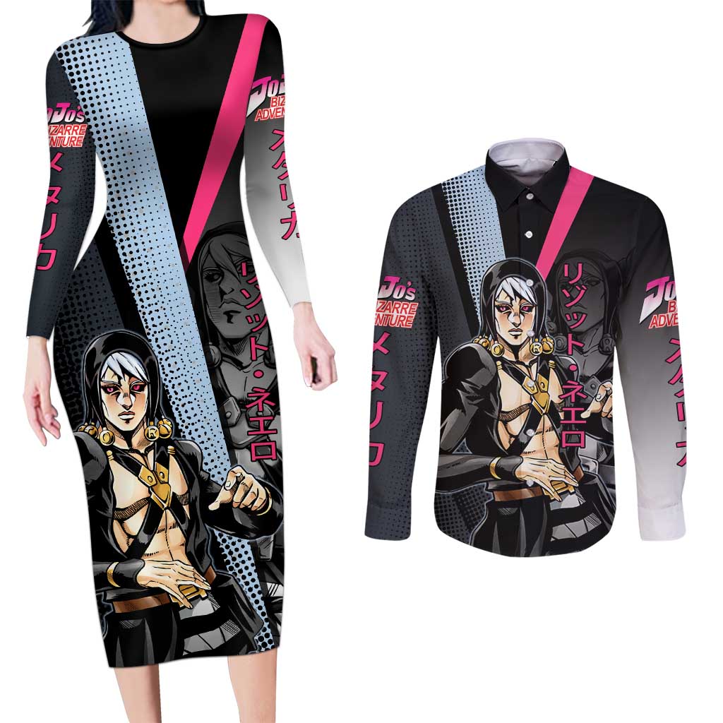 Risotto Nero JoJo’s Bizarre Adventure Couples Matching Long Sleeve Bodycon Dress and Long Sleeve Button Shirt with Dark Manga Style Graphic - The Mazicc