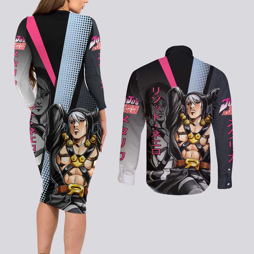 Risotto Nero JoJo’s Bizarre Adventure Couples Matching Long Sleeve Bodycon Dress and Long Sleeve Button Shirt with Dark Manga Style Graphic - The Mazicc