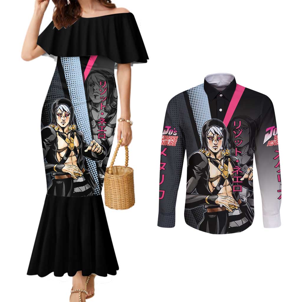 Risotto Nero JoJo’s Bizarre Adventure Couples Matching Mermaid Dress and Long Sleeve Button Shirt with Dark Manga Style Graphic - The Mazicc