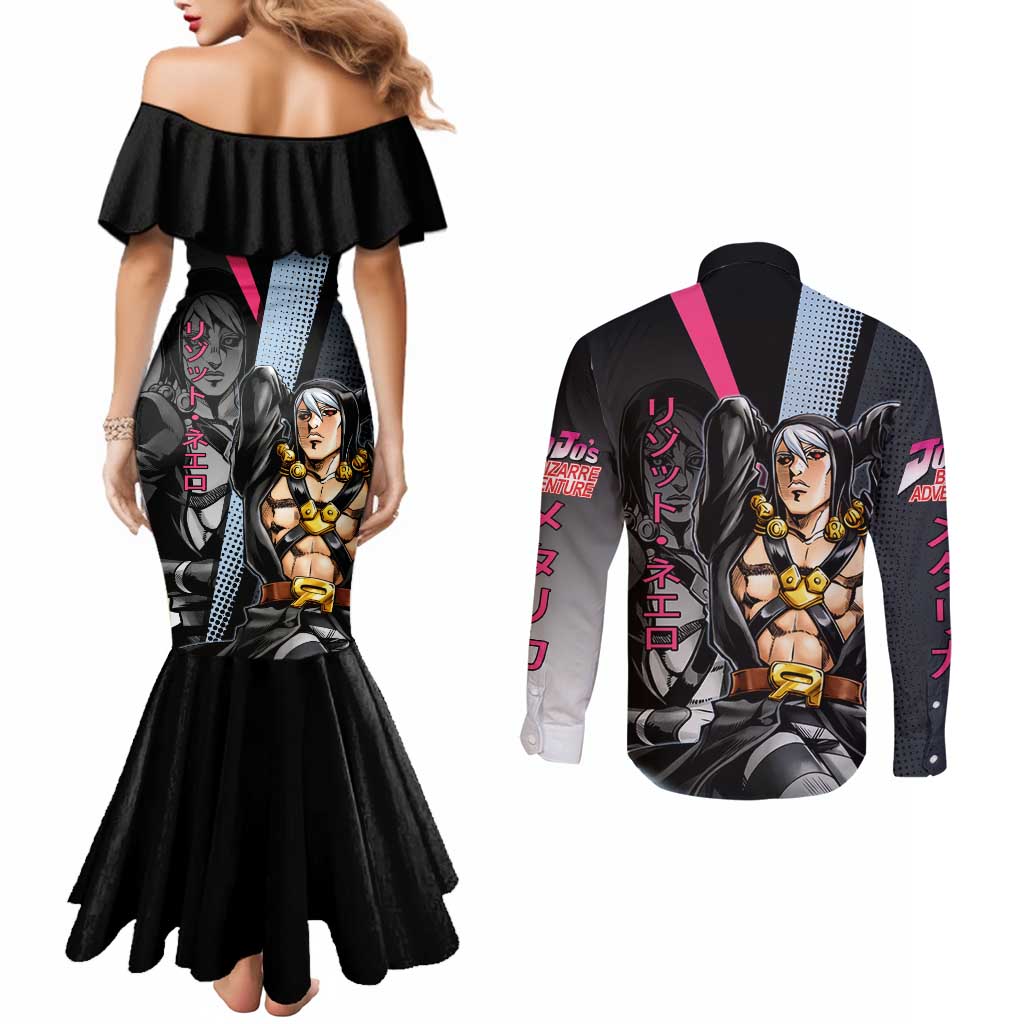 Risotto Nero JoJo’s Bizarre Adventure Couples Matching Mermaid Dress and Long Sleeve Button Shirt with Dark Manga Style Graphic - The Mazicc