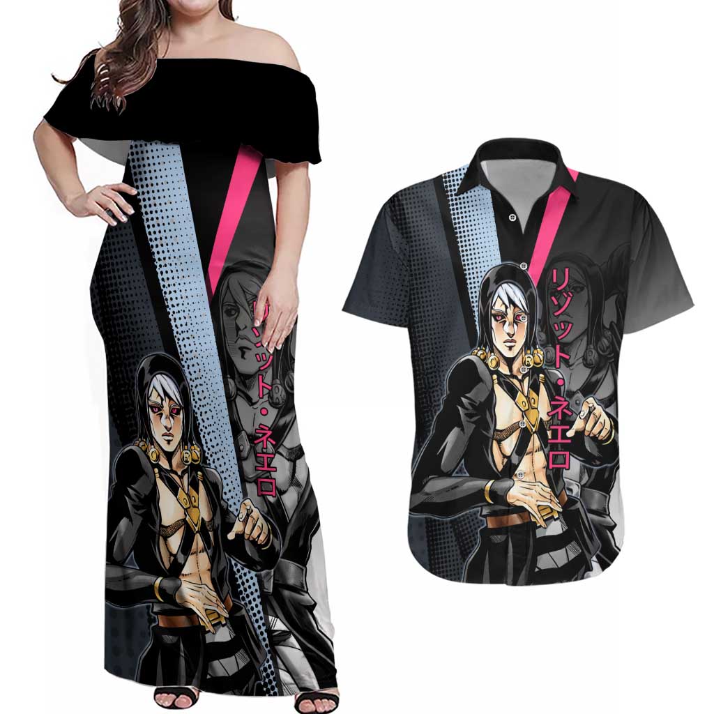 Risotto Nero JoJo’s Bizarre Adventure Couples Matching Off Shoulder Maxi Dress and Hawaiian Shirt with Dark Manga Style Graphic - The Mazicc