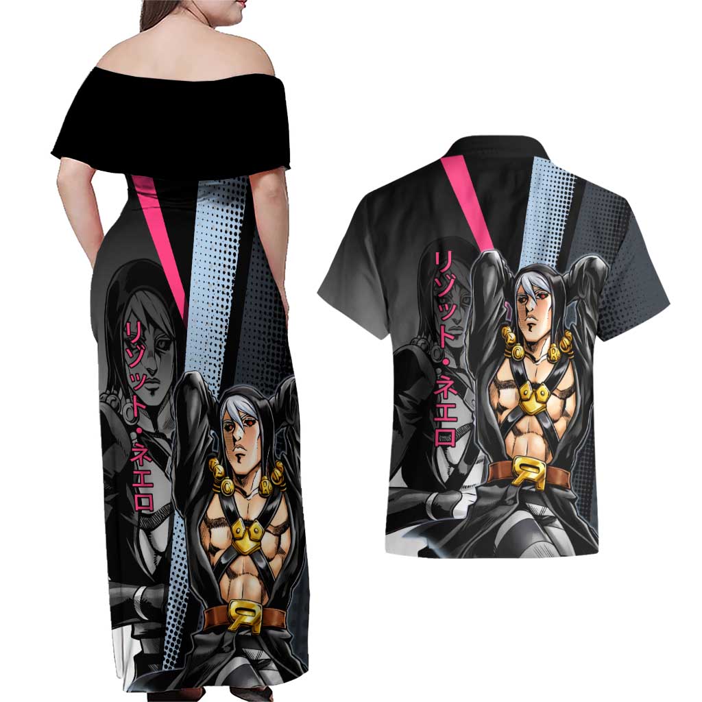 Risotto Nero JoJo’s Bizarre Adventure Couples Matching Off Shoulder Maxi Dress and Hawaiian Shirt with Dark Manga Style Graphic - The Mazicc