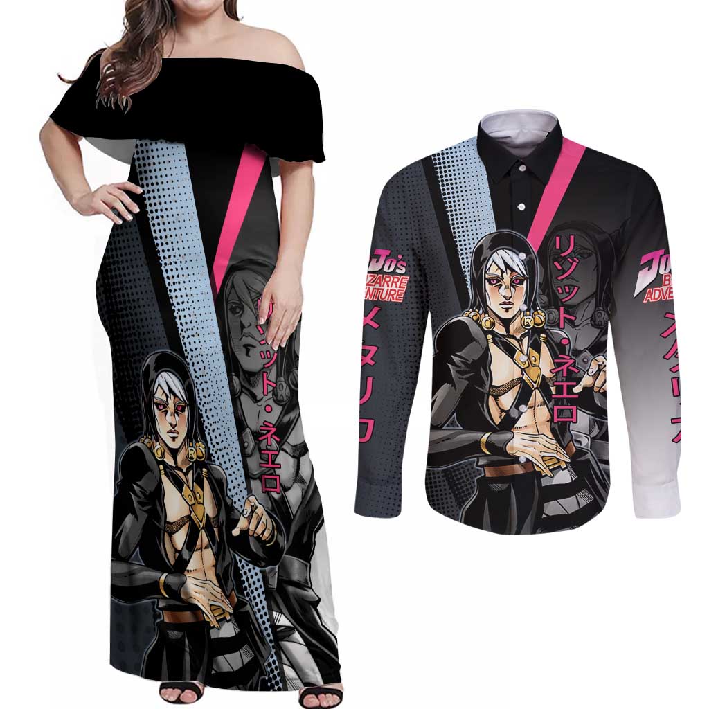 Risotto Nero JoJo’s Bizarre Adventure Couples Matching Off Shoulder Maxi Dress and Long Sleeve Button Shirt with Dark Manga Style Graphic - The Mazicc