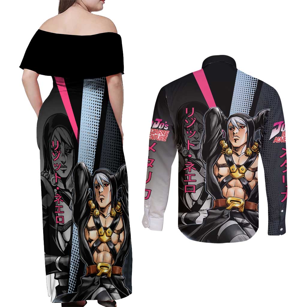 Risotto Nero JoJo’s Bizarre Adventure Couples Matching Off Shoulder Maxi Dress and Long Sleeve Button Shirt with Dark Manga Style Graphic - The Mazicc